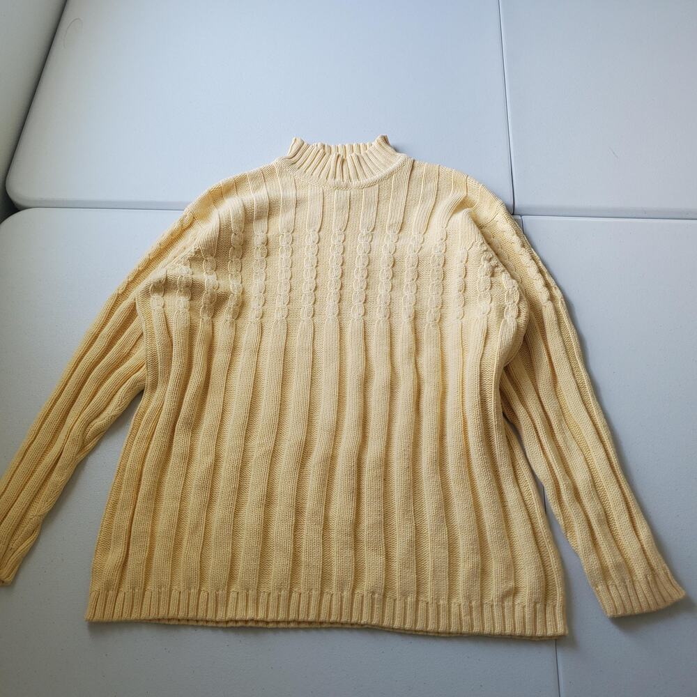 90s Charter Club Sweater Womens Large Yellow 100% Cotton Mock Neck Cable Knit